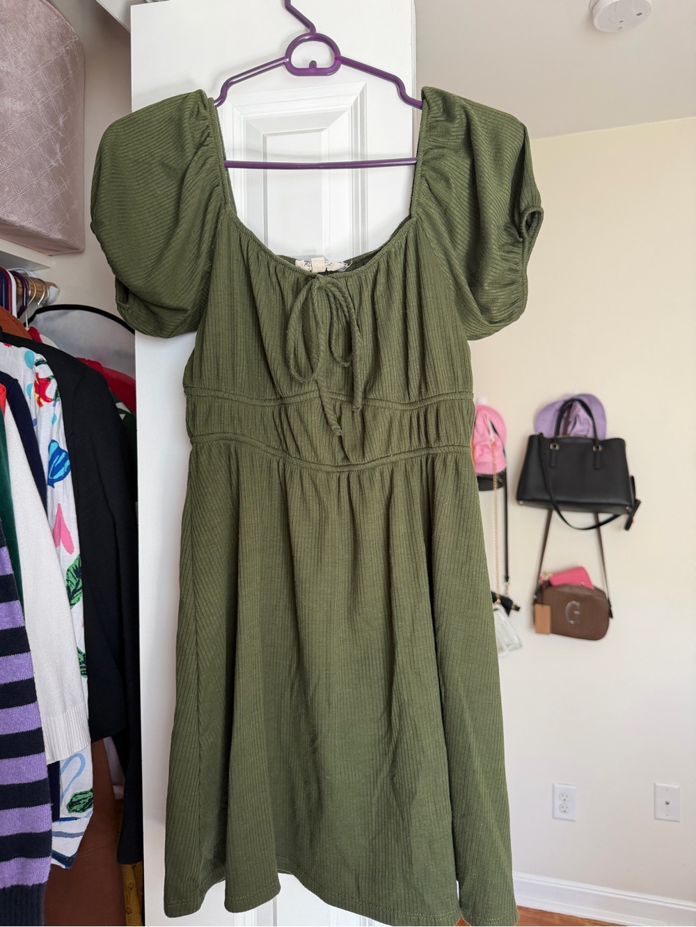 Puff-Sleeve Mini Dress in Olive Green